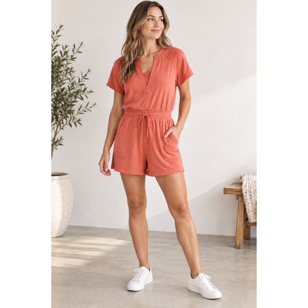 Athleta Coaster Luxe Romper Terracotta Orange V-Neck Short Sleeve Size M
